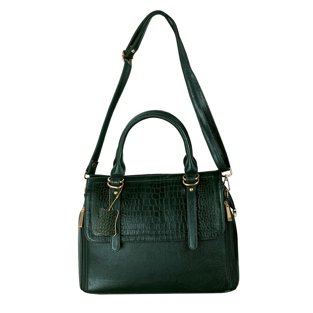 RICHSIGN LEATHER ACCESSORIES Full-Grain Natural Leather Top-Handle satchel Tote Ladies Handbags & Shoulder Sling Bags For Women Office Branded Stylish Latest Size-L-11 X H-10 x W- 5 In (GREEN DARK)