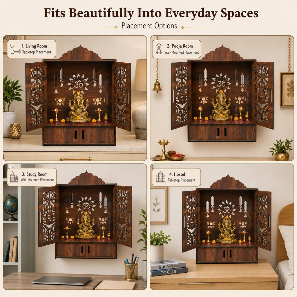 The Castle Decor Wooden Mandir for Home, Wall Hanging & Tabletop Pooja Temple with Double Doors, Om & Lotus Cutwork, Storage Cabinet, Dark Walnut MDF for Pooja Room, 10.6 x 20 x 16.7 Inch (Design-2)