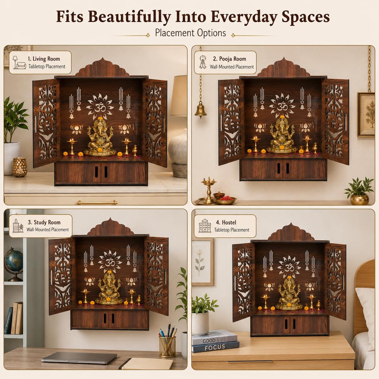 The Castle Decor Wooden Mandir for Home, Wall Hanging & Tabletop Pooja Temple with Double Doors, Om & Lotus Cutwork, Storage Cabinet, Dark Walnut MDF for Pooja Room, 10.6 x 20 x 16.7 Inch (Design-2)