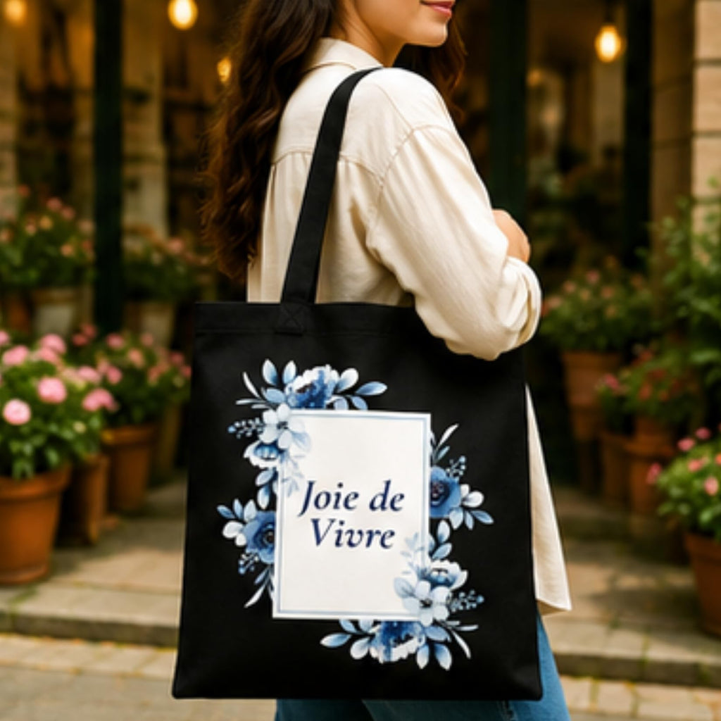 Adorvue New Launch Black Canvas Tote Bag for Women with Blue Floral Joie de Vivre Print | Cotton Reusable Shopping Shoulder Bag | Botanical Eco-Friendly Tote for College, Office, Travel & Daily Use
