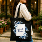 Adorvue New Launch Black Canvas Tote Bag for Women with Blue Floral Joie de Vivre Print | Cotton Reusable Shopping Shoulder Bag | Botanical Eco-Friendly Tote for College, Office, Travel & Daily Use