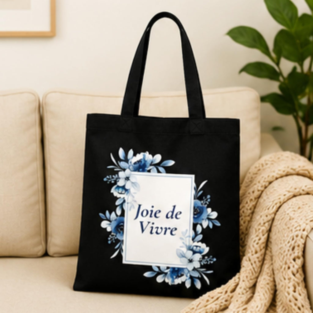 Adorvue New Launch Black Canvas Tote Bag for Women with Blue Floral Joie de Vivre Print | Cotton Reusable Shopping Shoulder Bag | Botanical Eco-Friendly Tote for College, Office, Travel & Daily Use