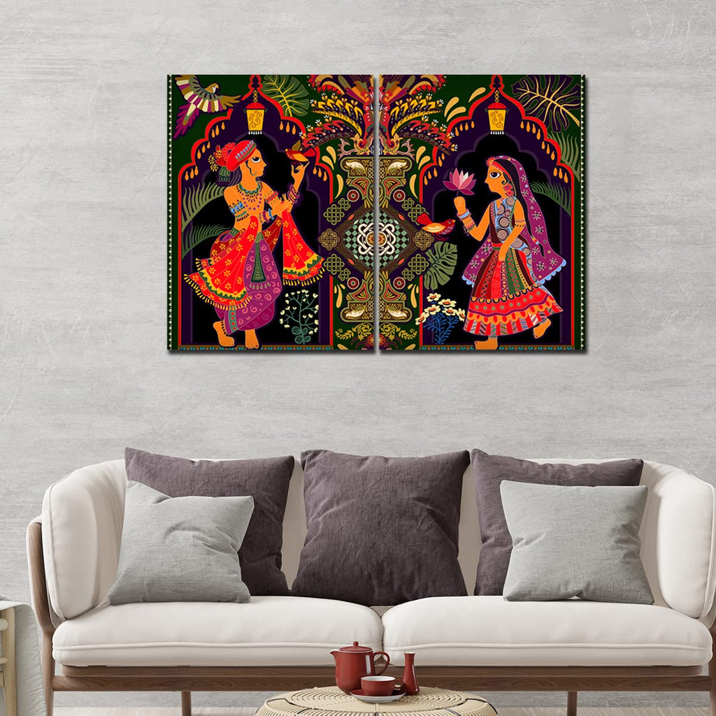 VIBECRAFTS Madhubani Art 2 Pieces Canvas Wall Painting Fitted With Wooden Frame For Home | Office | Living Room | Gifts(PTVC2Pcs1_17502N)