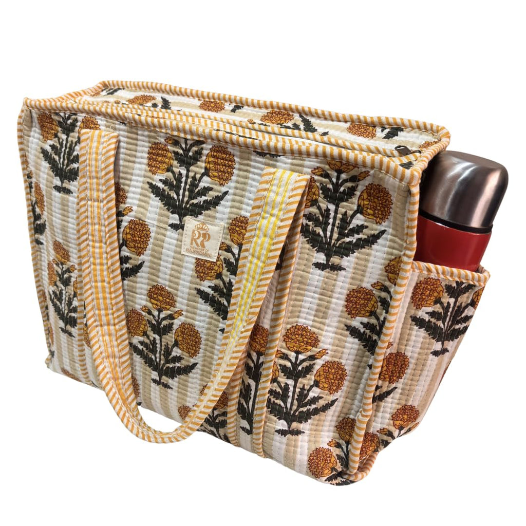 The House of RajPadmini Floral Quilted Cotton Shopping Tote Bag, 16x16 inches, Striped Trim, External Bottle Pocket (Floral Yellow (250 GSM Cotton))