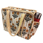 The House of RajPadmini Floral Quilted Cotton Shopping Tote Bag, 16x16 inches, Striped Trim, External Bottle Pocket (Floral Yellow (250 GSM Cotton))