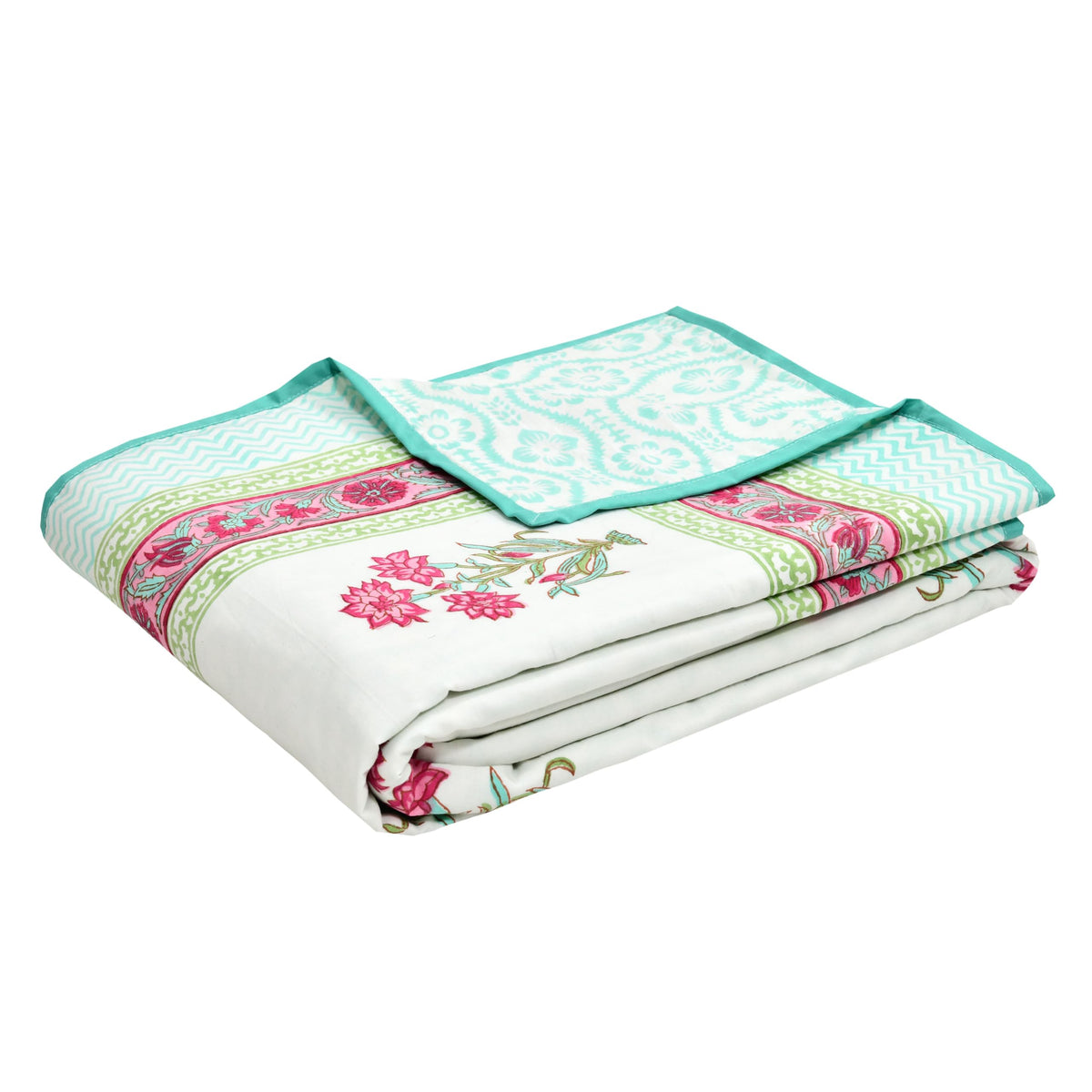 BLOCKS OF INDIA 100% Cotton Dohar King Size Reversible Hand Block Printed Malmal Summer Dohar/Blanket (Turquoise Flower) Kafalo