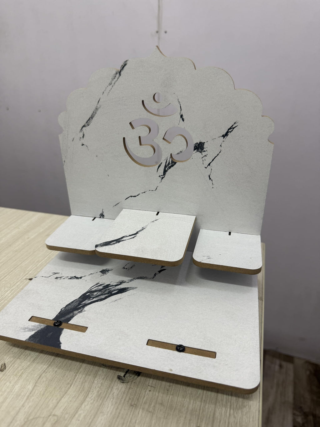 EXPRO Wooden Pooja Stand for Home & Office | Engineered Wood Singhasan for Idols | Wall Mounted & Tabletop Pooja Mandir with OM Design | DIY Small Temple for Living Room & Office (White)