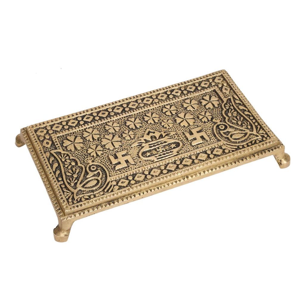 ARTVARKO Brass Traditional Swastik Kalash Embossed Rectangle Chowki Table for God Idols Diya Temple Decor Puja Gift 8 Inch