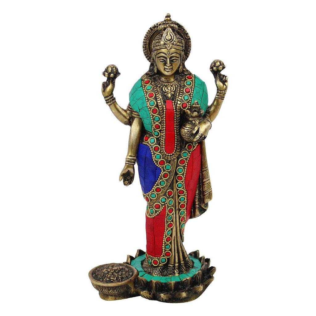 ARTVARKO Goddess Maa Laxmi Idol Lakshmi Brass Multicolor Gemstone Handwork Statue Luxmi Murt Standing on Lotus Height 10 Inches