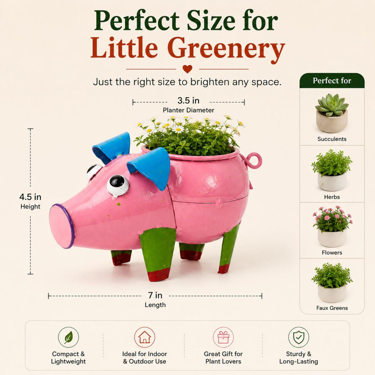ATRANGI STUDIO Pig Shape Handpainted Metal Planter | Decorative Planter for Indoor Outdoor Plants | Perfect for Succulent | Home, Balcony, Garden Decor | 7×4×4.5 inches (Pink)