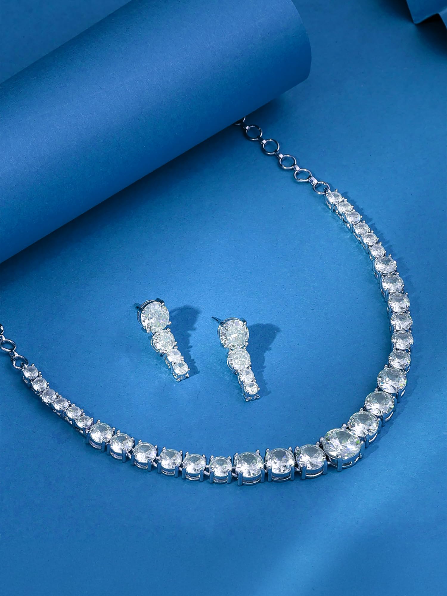Yellow Chimes Jewellery Set for Women and Girls Traditional American Diamond Jewellery Set | Rhodium Plated AD Necklace Set for Women | Birthday Gift for girls and women Anniversary Gift for Wife ( ‎ YCADNS-24CRYCIR-WH)