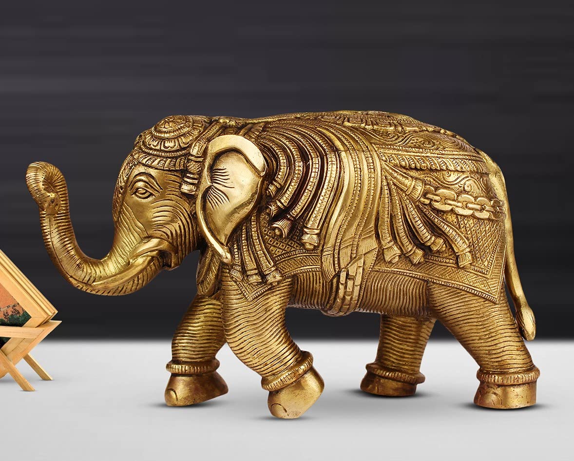 ARTVARKO Brass Elephant Trunk Up Fine Carving Vastu Hathi for Good Luck Success Prosperity Home Decor Marriage House Warming Gift (9 Inches 3.3Kg)