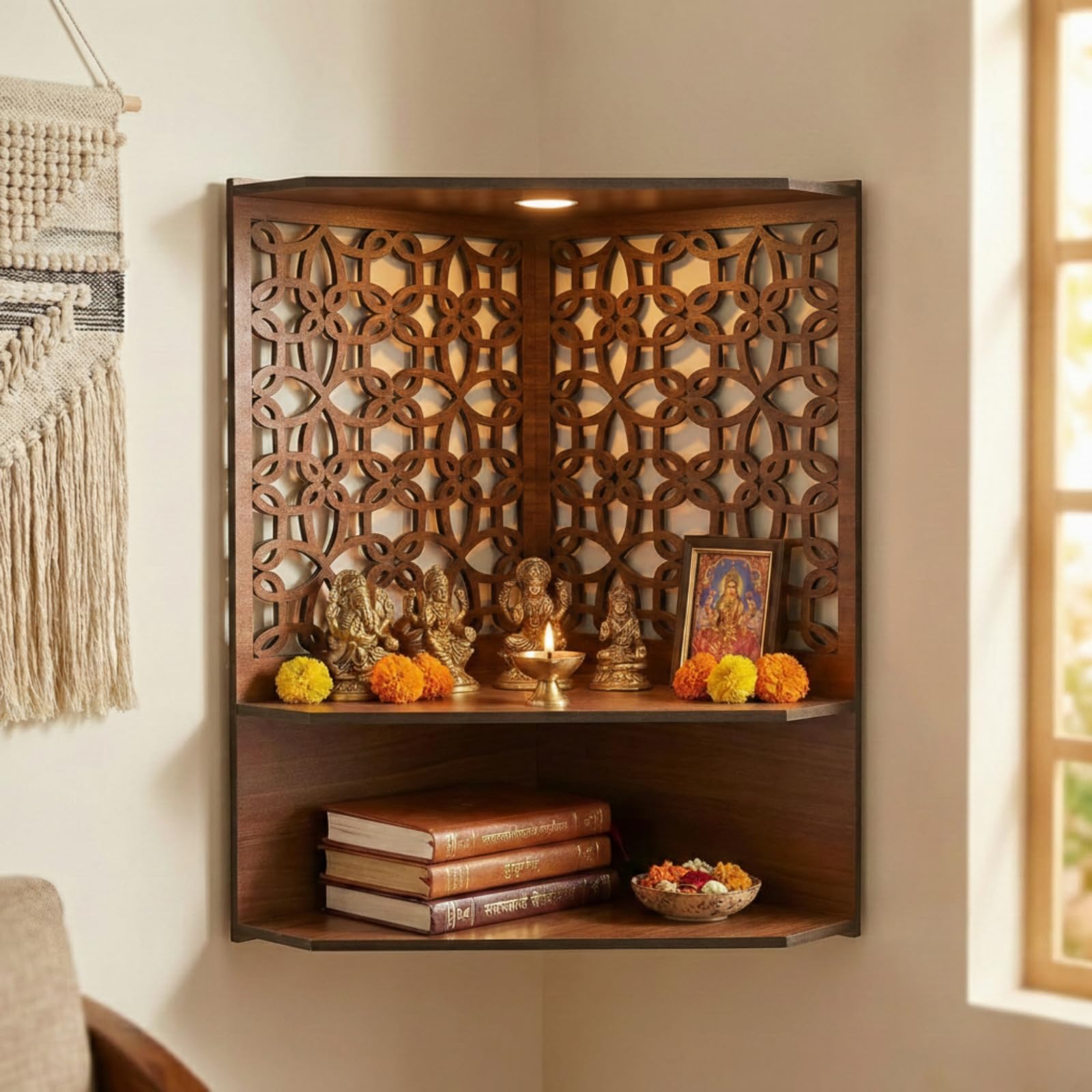 eCraftIndia Brown Handcrafted Unique Pattern Wooden Temple for Home Office | Home Temple Pooja Puja Mandir