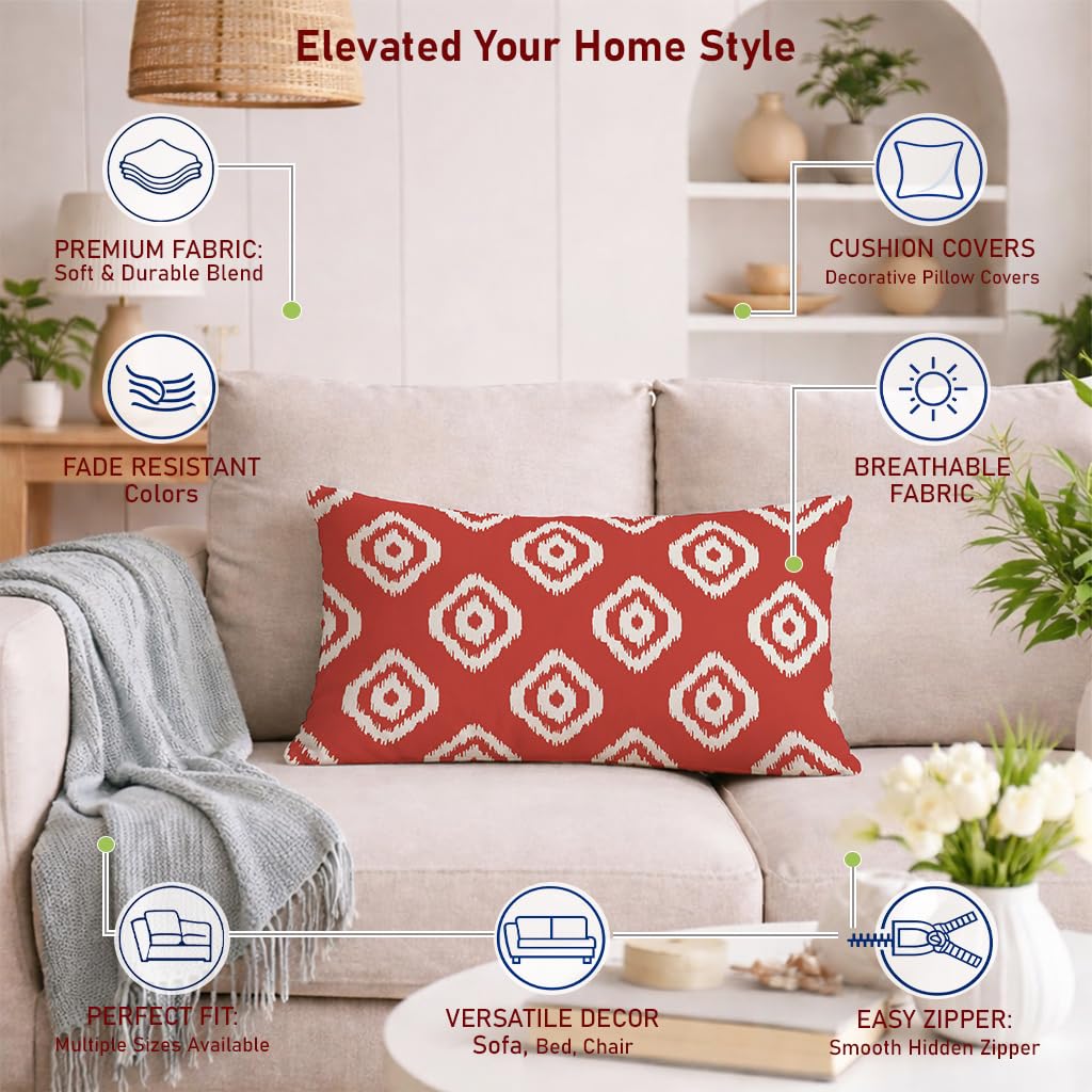 STITCHNEST Set of 2 Polycotton Cushion Covers – 12x18 Inches – Red & White Ikat Geometric Print – Elegant Cushion Covers for Sofa, Couch & Living Room | Perfect for Home Decor
