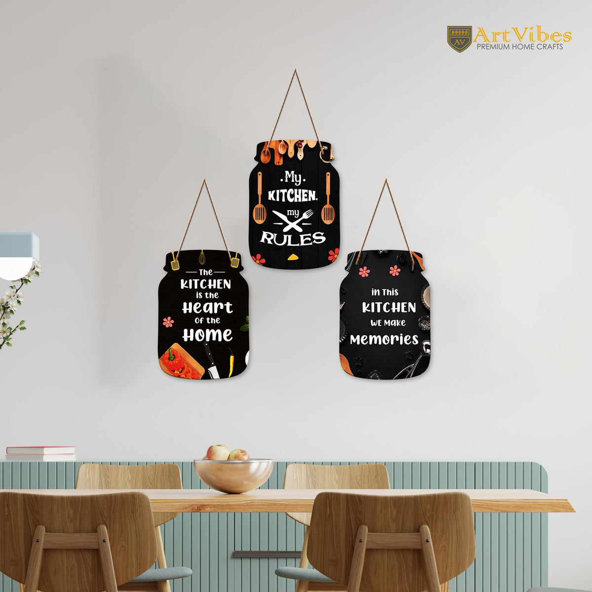 Artvibes My Kitchen My Rules Printed MDF Wooden Wall Art For Cafe | Kitchen | Restaurants | Quotes Decor Item | Kitchen Quotes Wall Hanging | Wall Illustrations | Gift Items (WH_8903N), Set of 3
