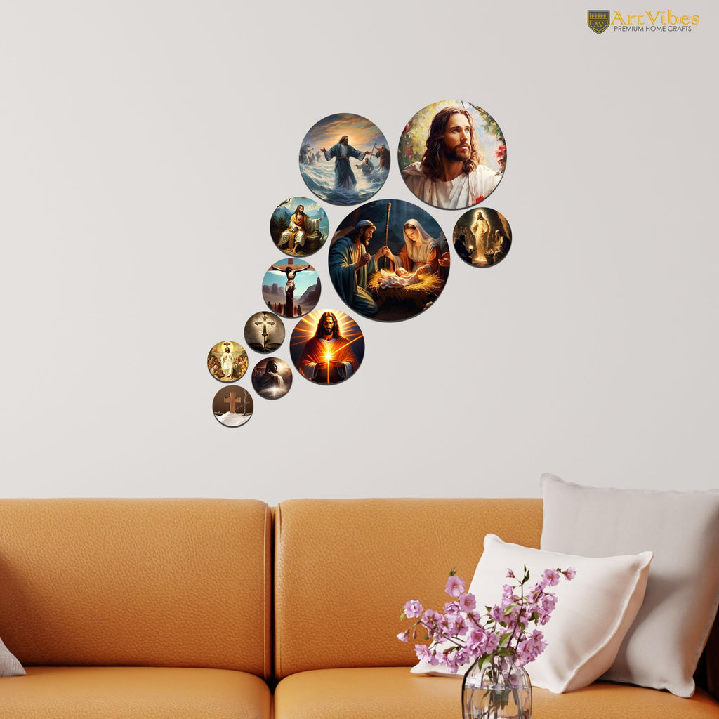Artvibes Jesus & Nativity Christian Spiritual Round Shape MDF Wooden Wall Art for Home Decoration | Spiritual Decor Items | Wall Sculpture | Signs & Plaques | Gift Items (WPS_130N), Set of 11