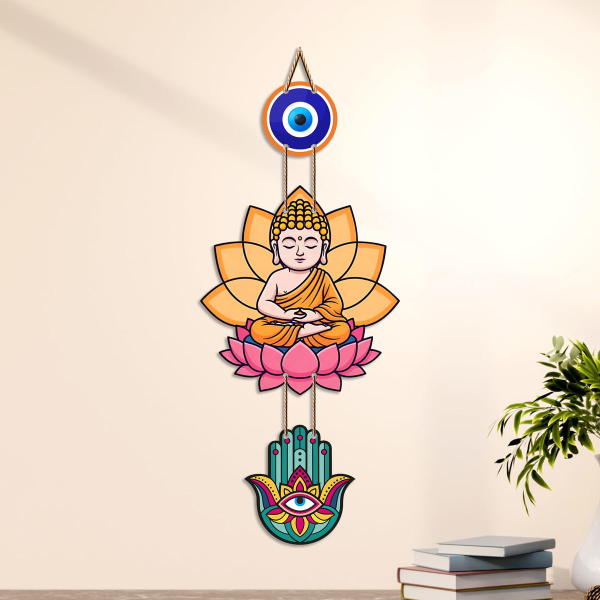 Artvibes Buddha Lotus Wall Hanging with Evil Eye and Hamsa Hand | Spiritual Meditation Decor for Positive Energy & Mindfulness | Decorative Hanging for Living Room | Yoga Room and Entrance (WH_8593N)