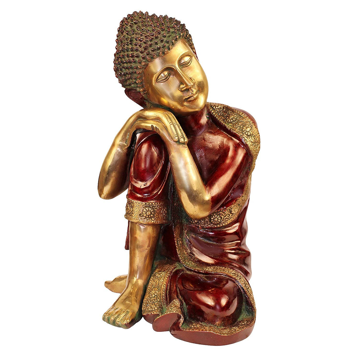 Svarup Brass Resting Buddha Statue with Both Hands on Knee in Dreaming Meditation Height 16 Inch Weight 12.5 Kg Color Brown