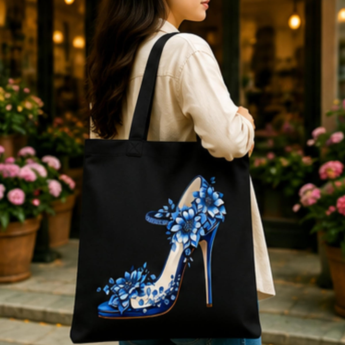 Adorvue Black Canvas Tote Bag for Women with Blue Floral High Heel Print | Premium Cotton Reusable Shopping Shoulder Bag | Designer Shoe Eco-Friendly Tote for College, Office, Travel & Daily Use