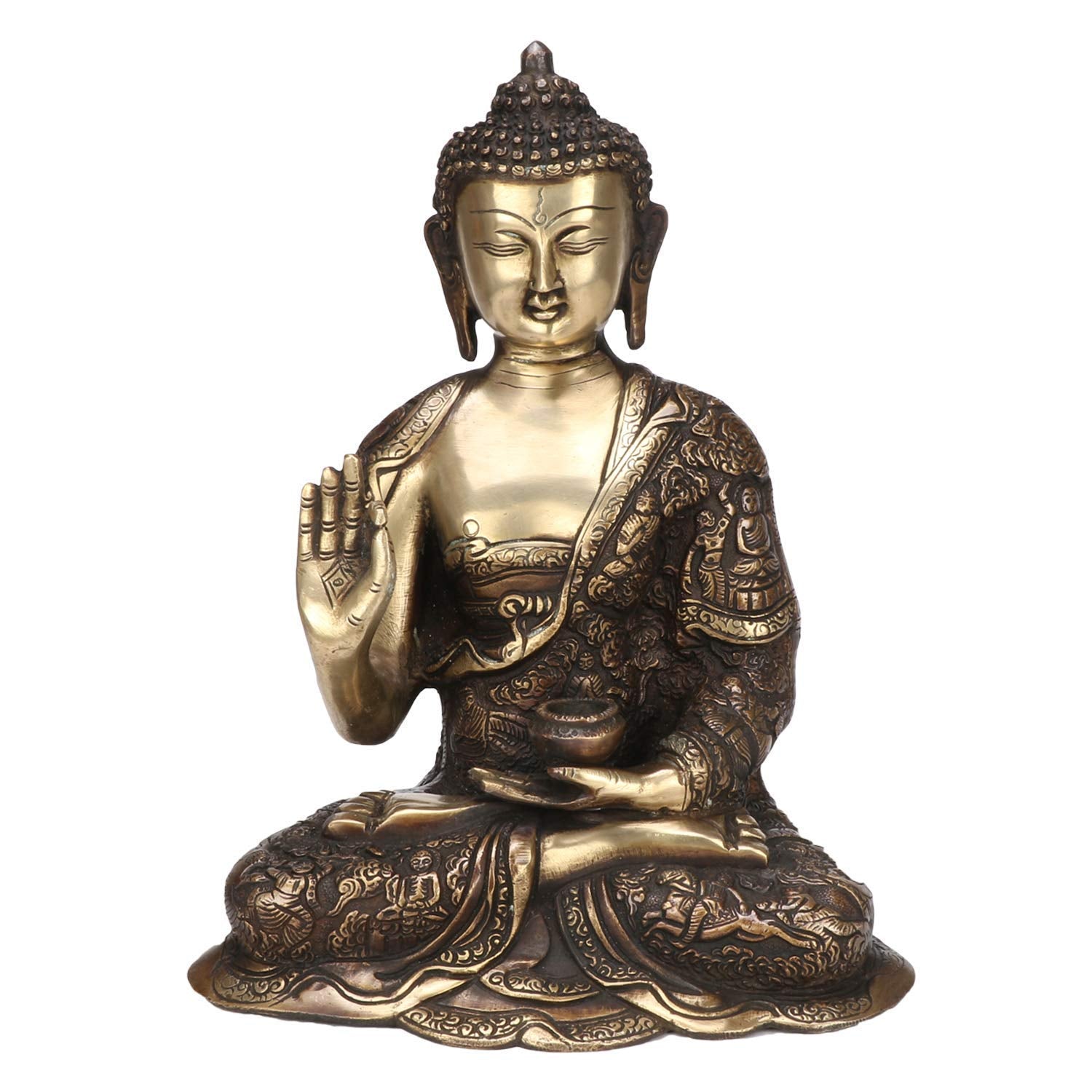 Svarup Brass Gautam Buddha Idol Statue Murti Draped in Stone Embellished Shawl for Home Decoration Blessing Buddha Height 12 Inch Weight 5 Kg Color Brown Gold
