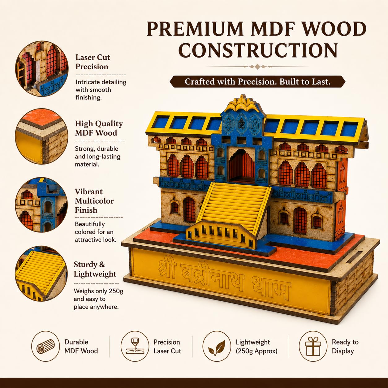 Wooden Shri Badrinath Dham Temple Model Showpiece | Handcrafted Miniature Wooden Mandir for Home Décor & Gifting | Small Pooja Mandir (10 cm x 11 cm)