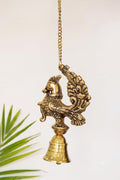KridayKraft Decorative Peacock Design Hanging Bell for Home Decor, Antique Gold Finish Metal Door Hanging, Spiritual Wall Hanging for Living Room, Entrance & Temple - 35 cm Length