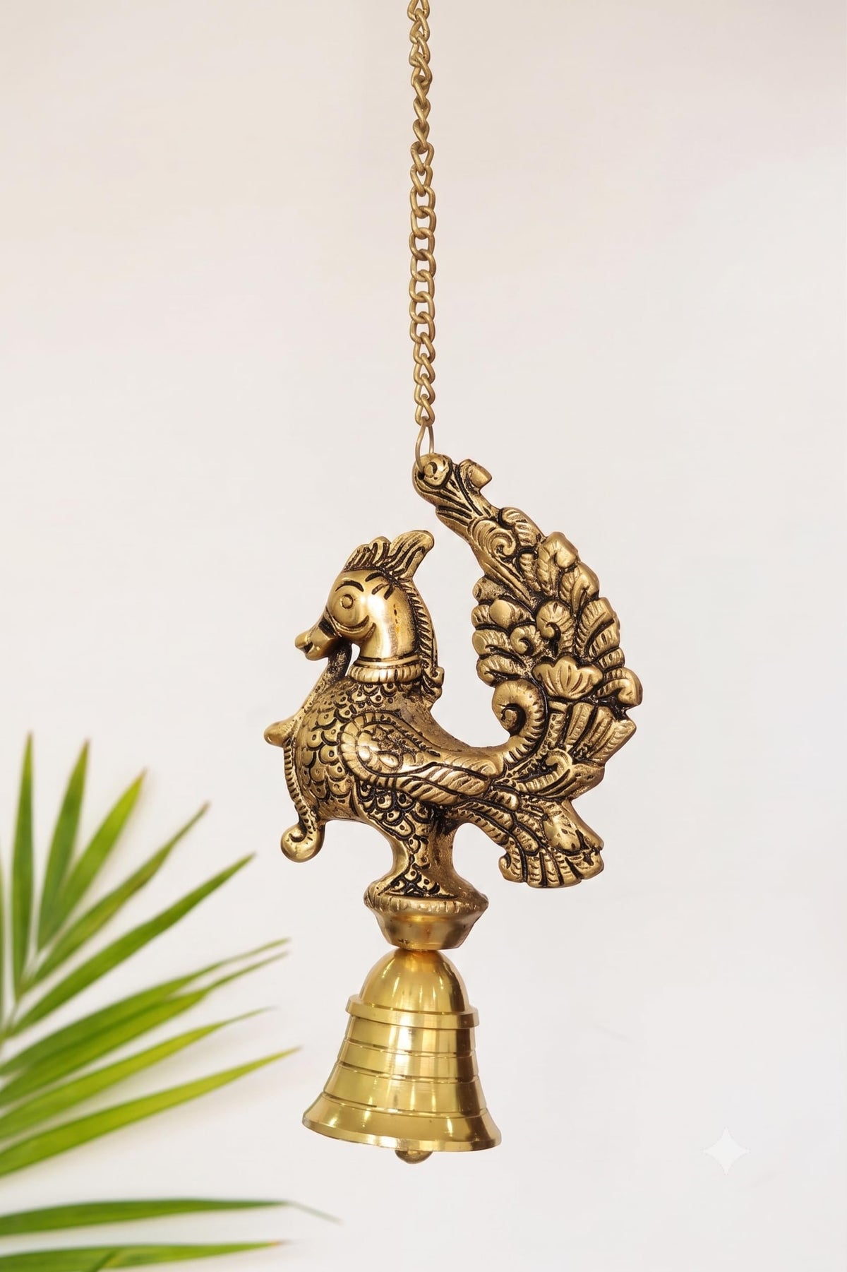 KridayKraft Decorative Peacock Design Hanging Bell for Home Decor, Antique Gold Finish Metal Door Hanging, Spiritual Wall Hanging for Living Room, Entrance & Temple - 35 cm Length