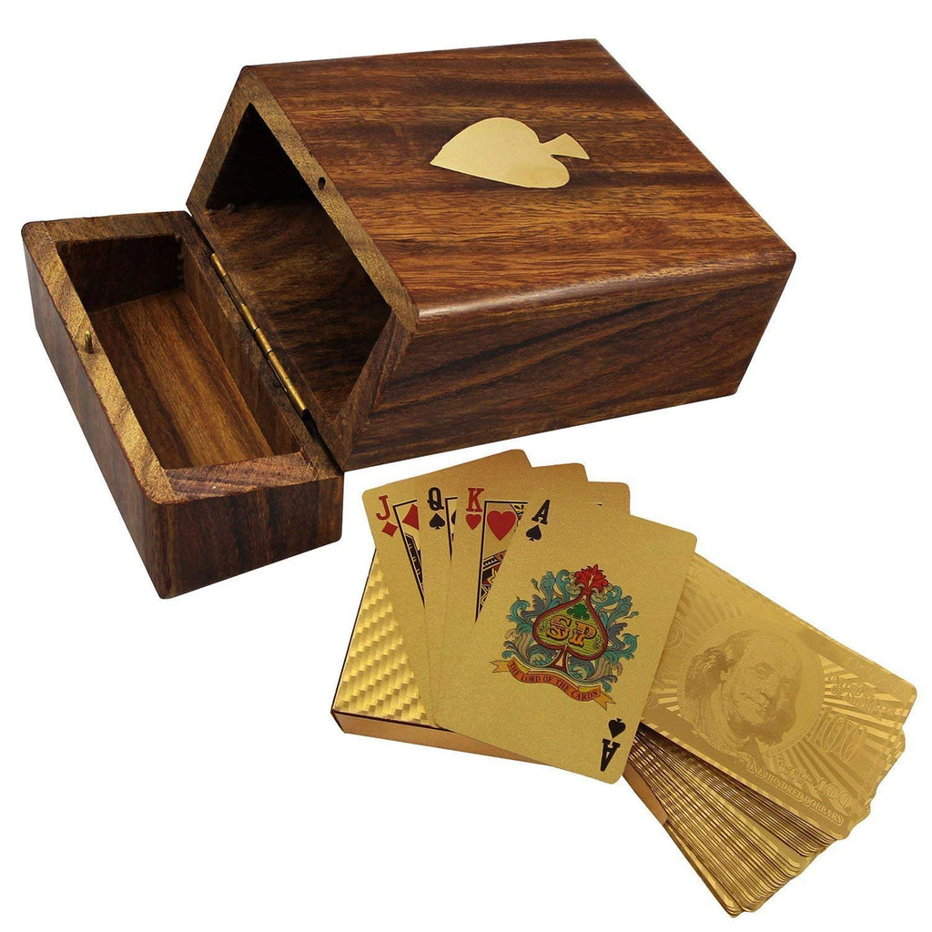 ARTVARKO Golden Playing Card with Handmade Rosewood/Sheesham Wood Brass Inlay Box Holder for Single Deck Decorative Storage.