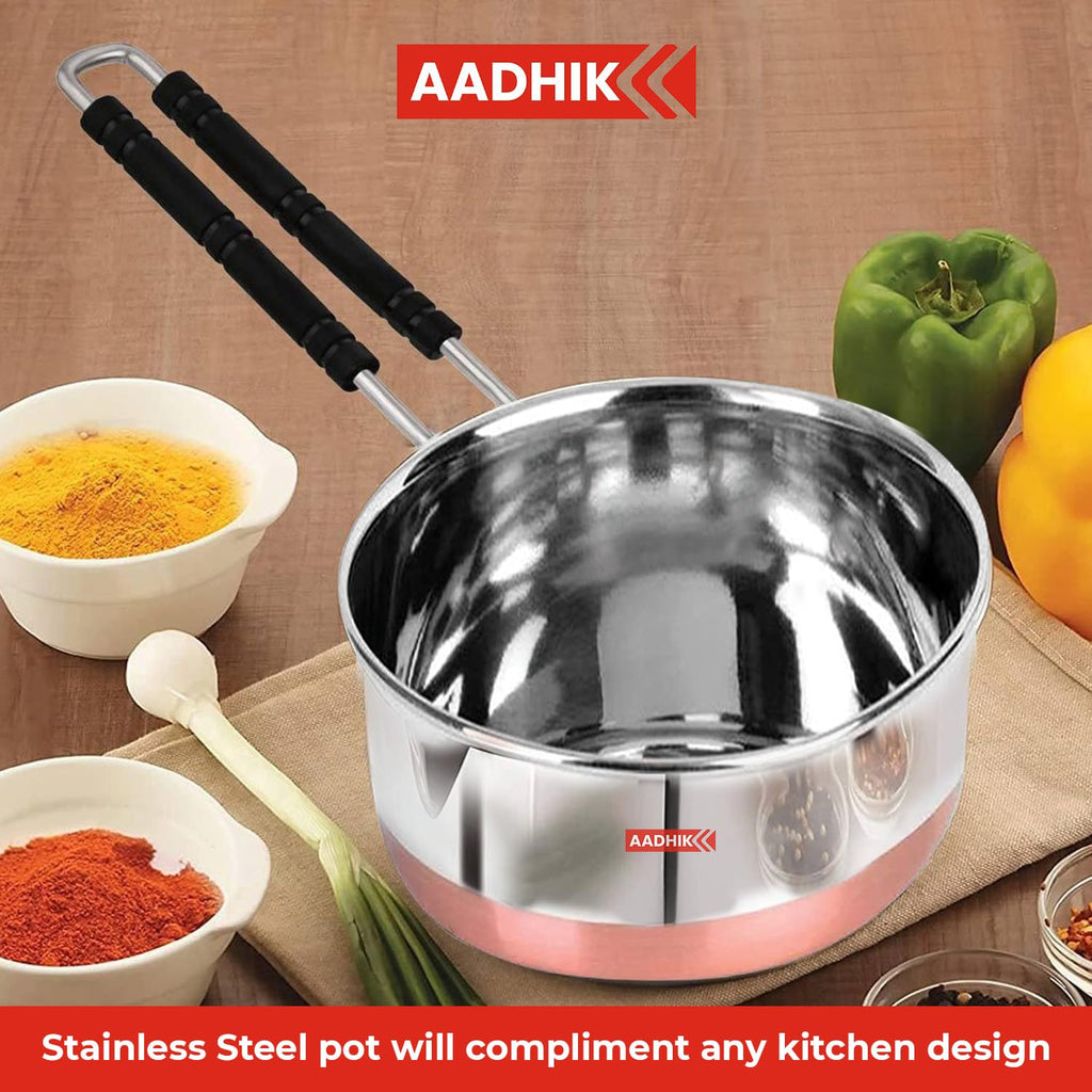 AADHIK Tea Pan Stainless Steel Copper Bottom Sauce Pan Milk Pan Tapeli Patila Induction Base 1.5 Litre Sauce Pot Milk Boiler with Handle (1500 ml)
