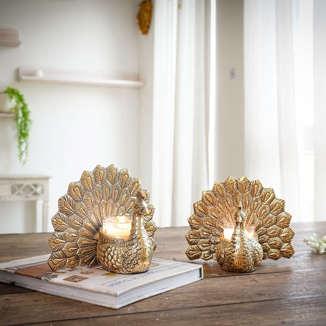 BEHOMA Metal Dancing Peacock Figurine Pair for, Gold - Set of 2