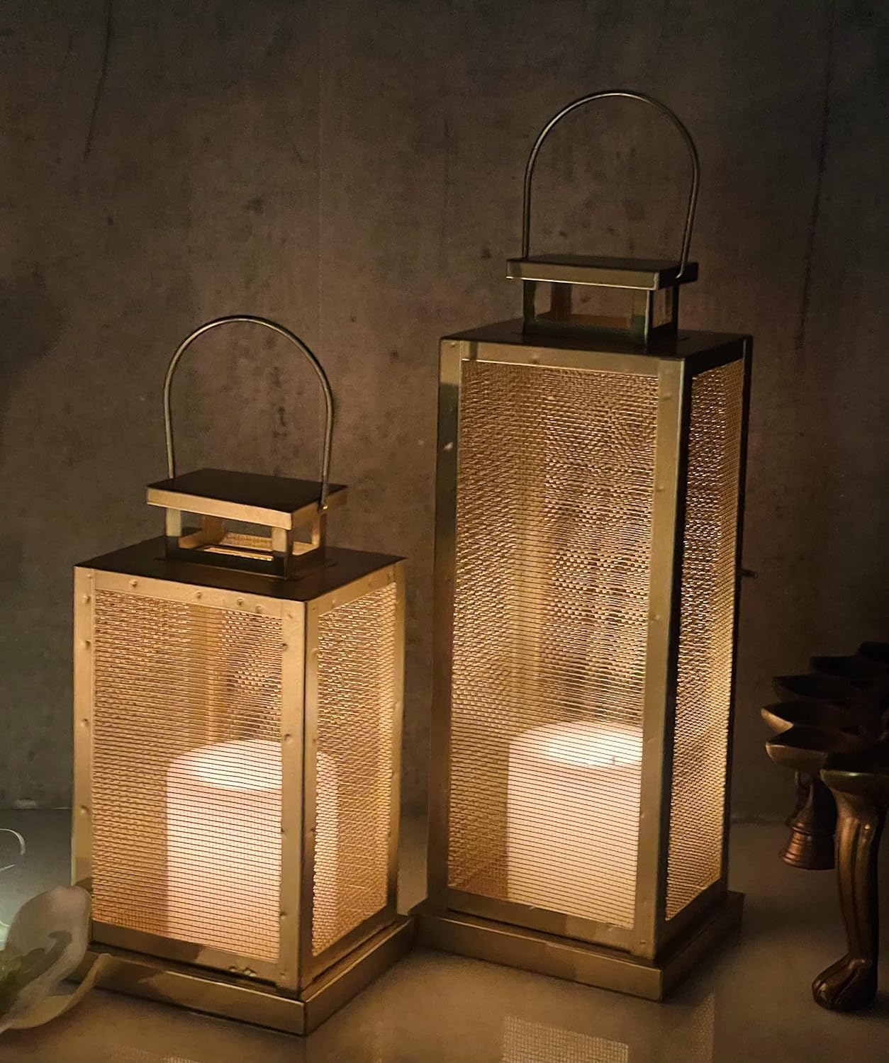 W A Handicraft Set of 2 Iron Lantern and Candle Tealight Holder for Home Decor I Candles for Home Decor I Candle Holders for Home I Gold Lantern