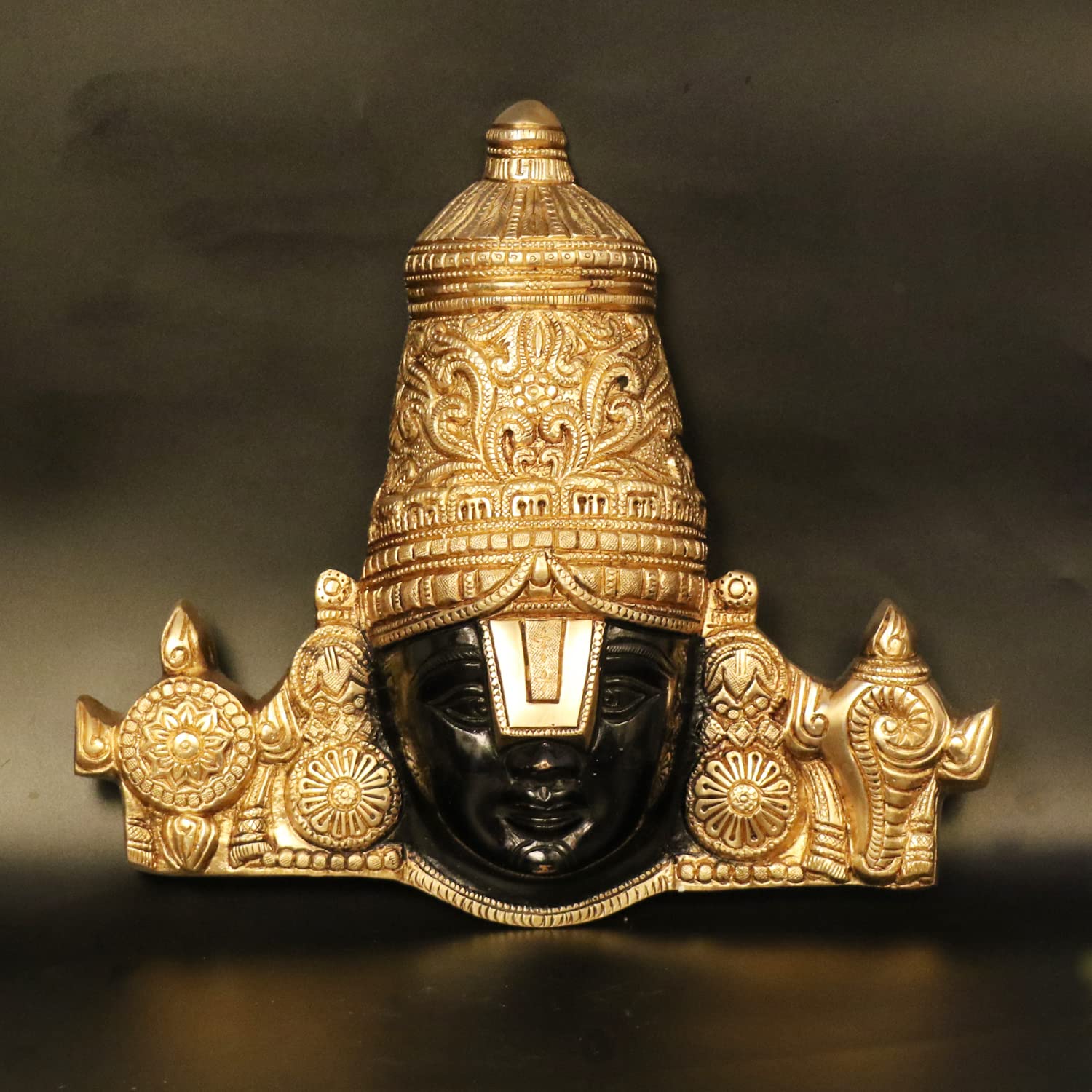ARTVARKO Brass Lord Tirupati Balaji Lord Sri Venkateswara Balaji Face with Shankh Chakra Namah Wall Hanging Idol Showpiece Black Gold, 13 Inch 4 Kg.
