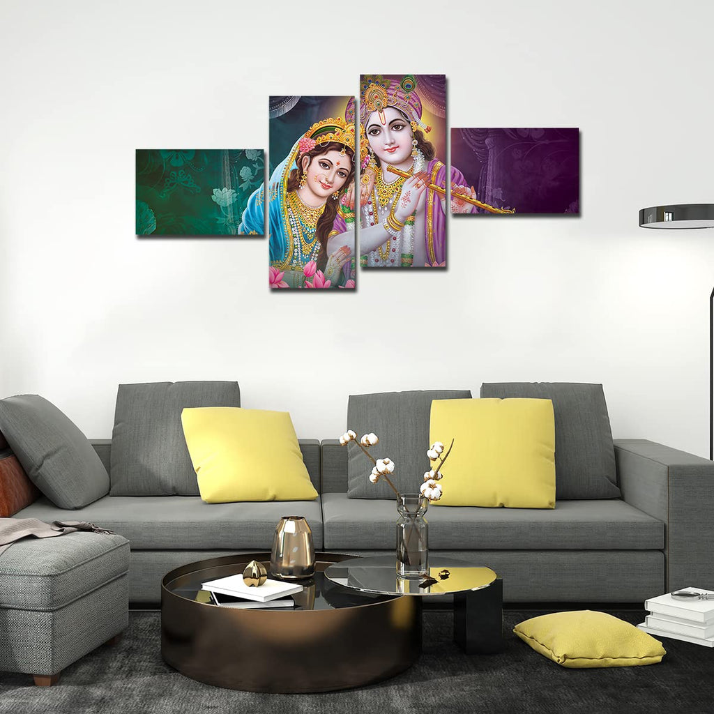 VIBECRAFTS Shree Krishna With Radha 4 Pieces Canvas Wall Painting Fitted With Wooden Frame For Home | Office | Living Room | Gifts (PTVC4Pcs3_15501)