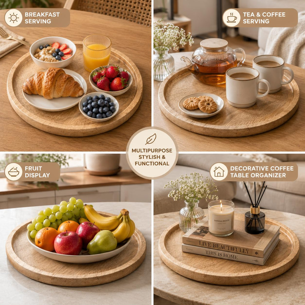 Round Wood Tray for Home Decor, Wooden Serving Tray, Decorative Trays for Home Decor, Wood Tray for Serving Snacks and Breakfast