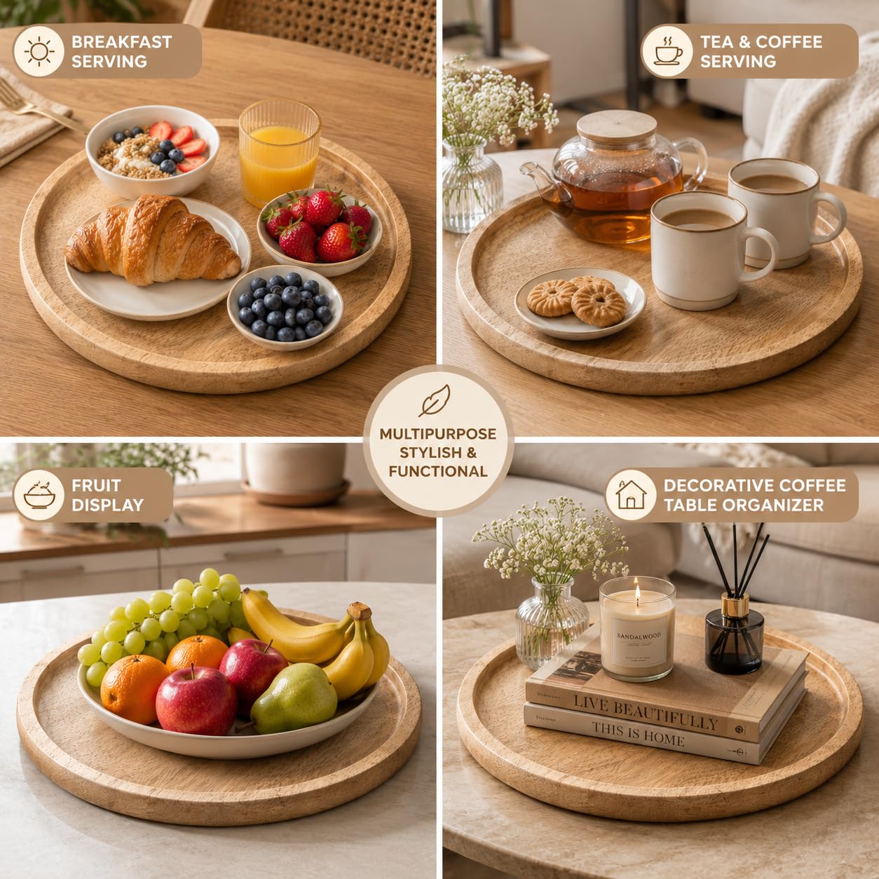 Round Wood Tray for Home Decor, Wooden Serving Tray, Decorative Trays for Home Decor, Wood Tray for Serving Snacks and Breakfast