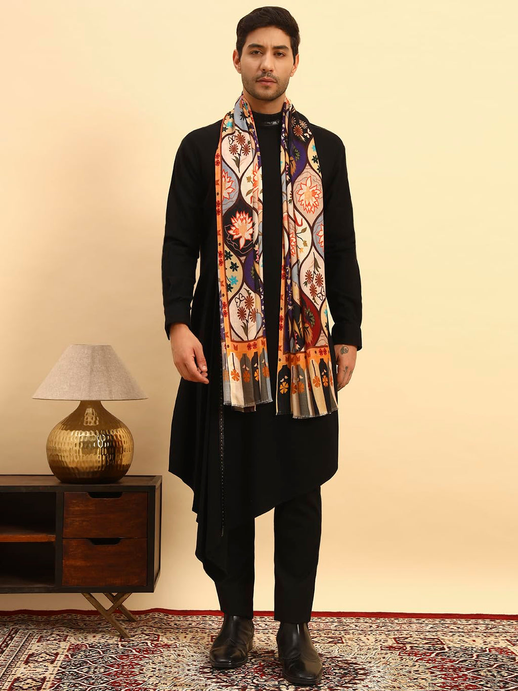 Pashmoda Men Floral Sonata Royal Fine Soft Bamboo Fibre Stole, Multicoloured Design, Evening Wrap, Luxury Pashmina Style Scarf, Wrap, Sustainable and Natural Fabric (Size 28x80, Olive colour) MISST32