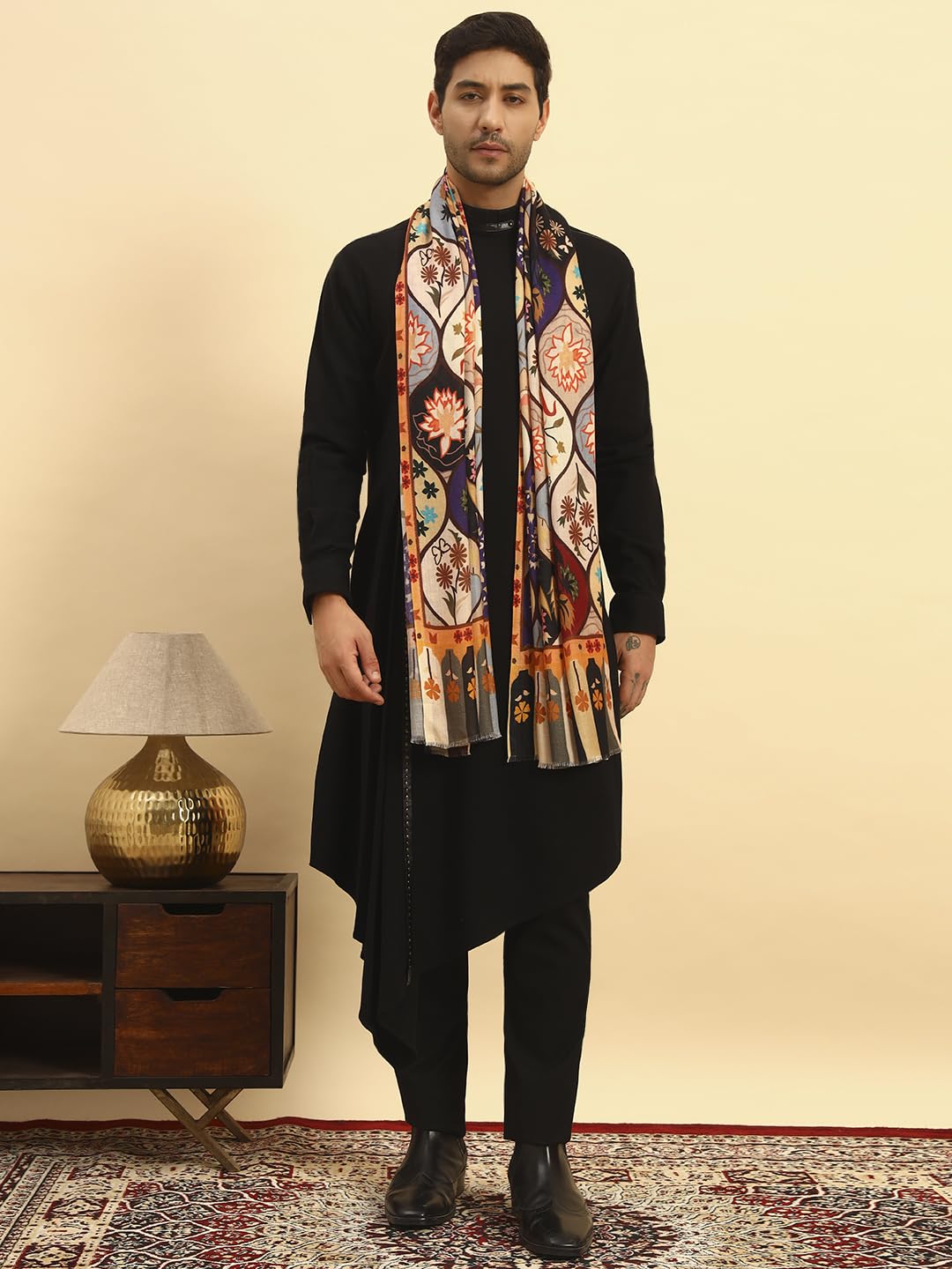 Pashmoda Men Floral Sonata Royal Fine Soft Bamboo Fibre Stole, Multicoloured Design, Evening Wrap, Luxury Pashmina Style Scarf, Wrap, Sustainable and Natural Fabric (Size 28x80, Olive colour) MISST32