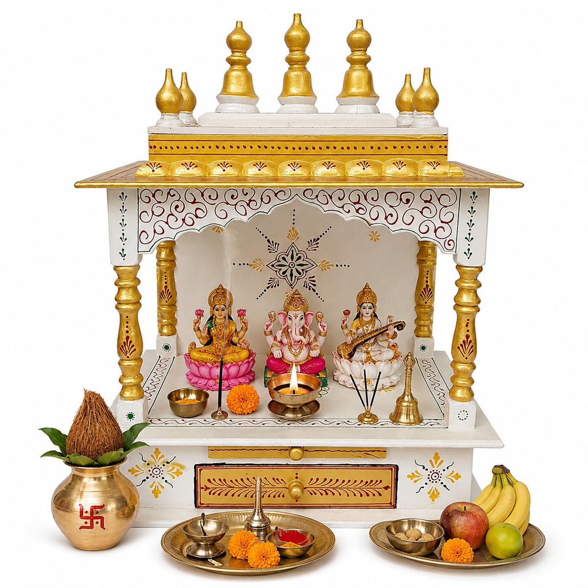 Kamdhenu Art and Craft Wood Home Temple (45 x 30 x 60 cm, Copper and Gold)