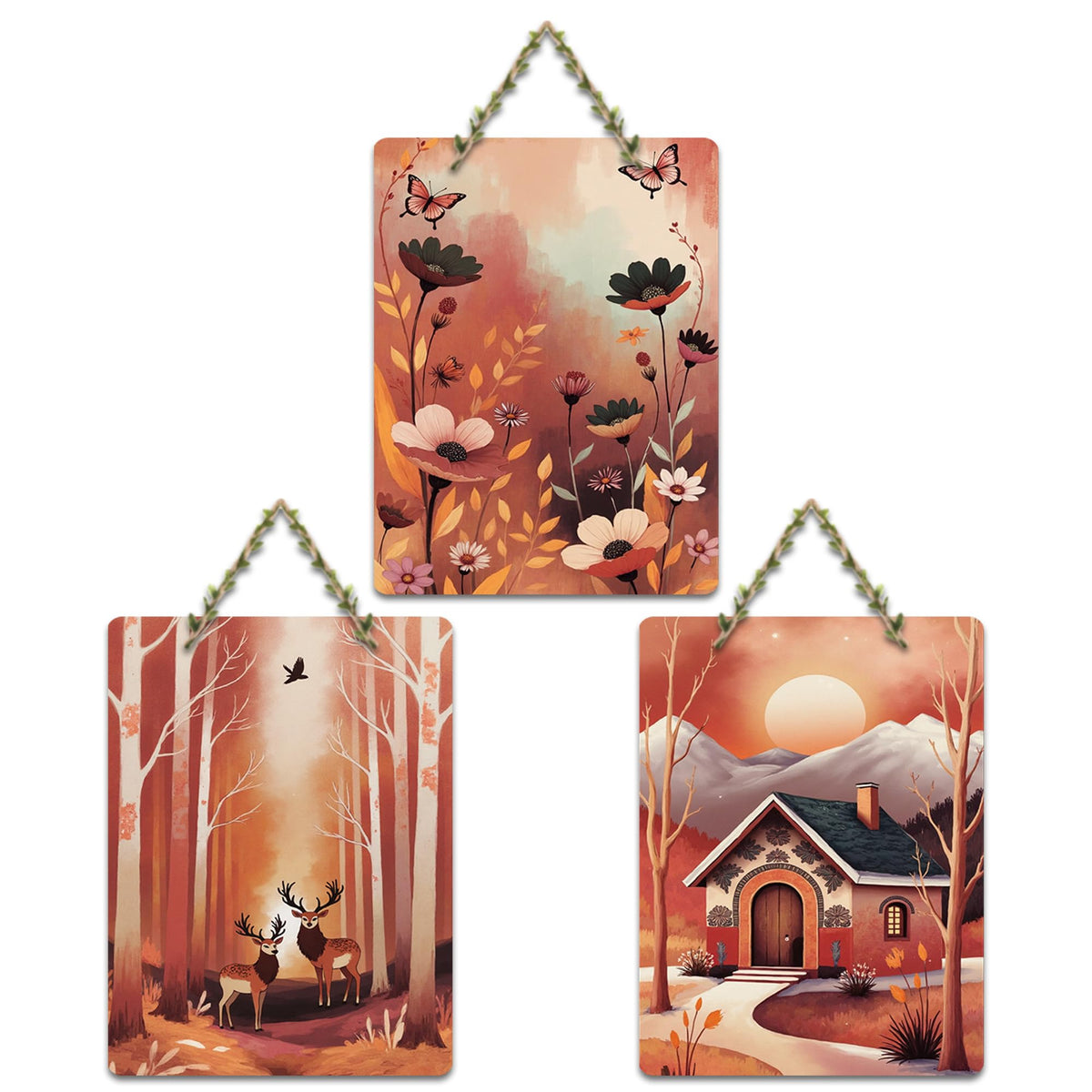 Artvibes Autumn Forest Floral Sunset & Cottage Decorative Wall Art MDF Wooden Wall Hanger for Living Room | Wall Accent | Sceneries | Wall Art Print | Graphic Artwork | Gift Items (WH_9665N), Set of 3