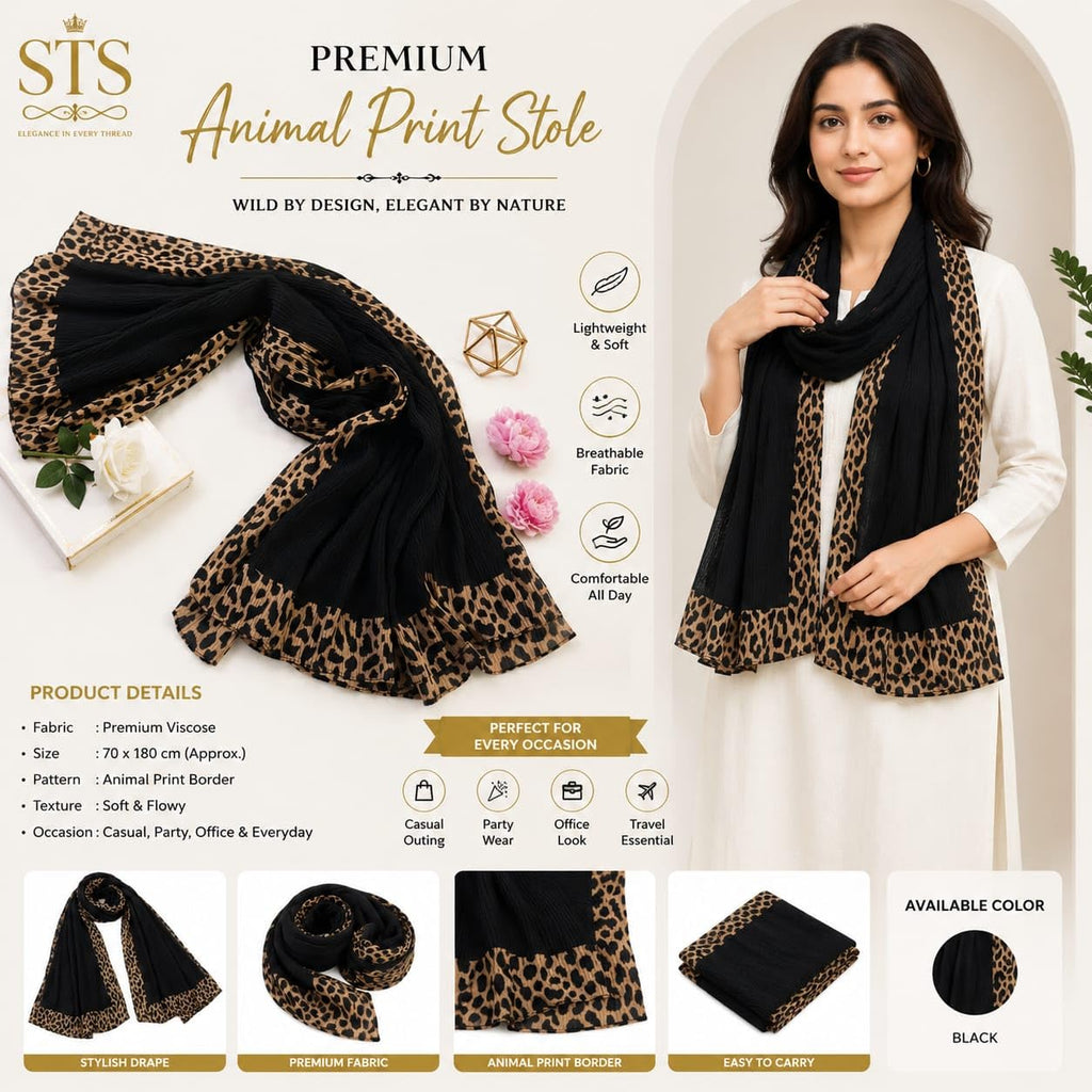 Stole for women Black color strachable Fabric Leopard Cheeta Pattern print (Black)