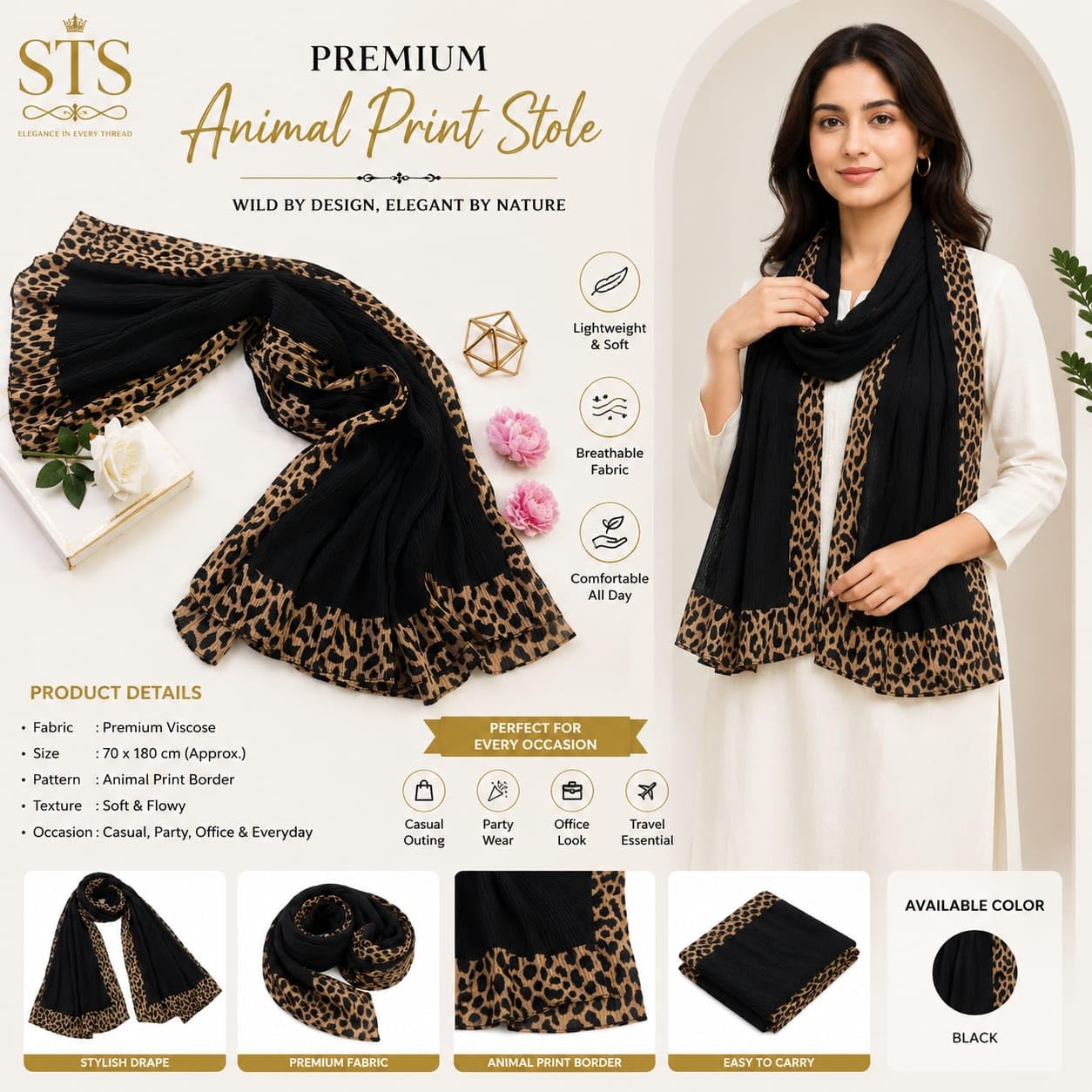 Women’s Pleated Leopard Print Border Scarf – Versatile Modest Hijab, Chic Animal Print Shawl/Stole for All Occasions (Black)
