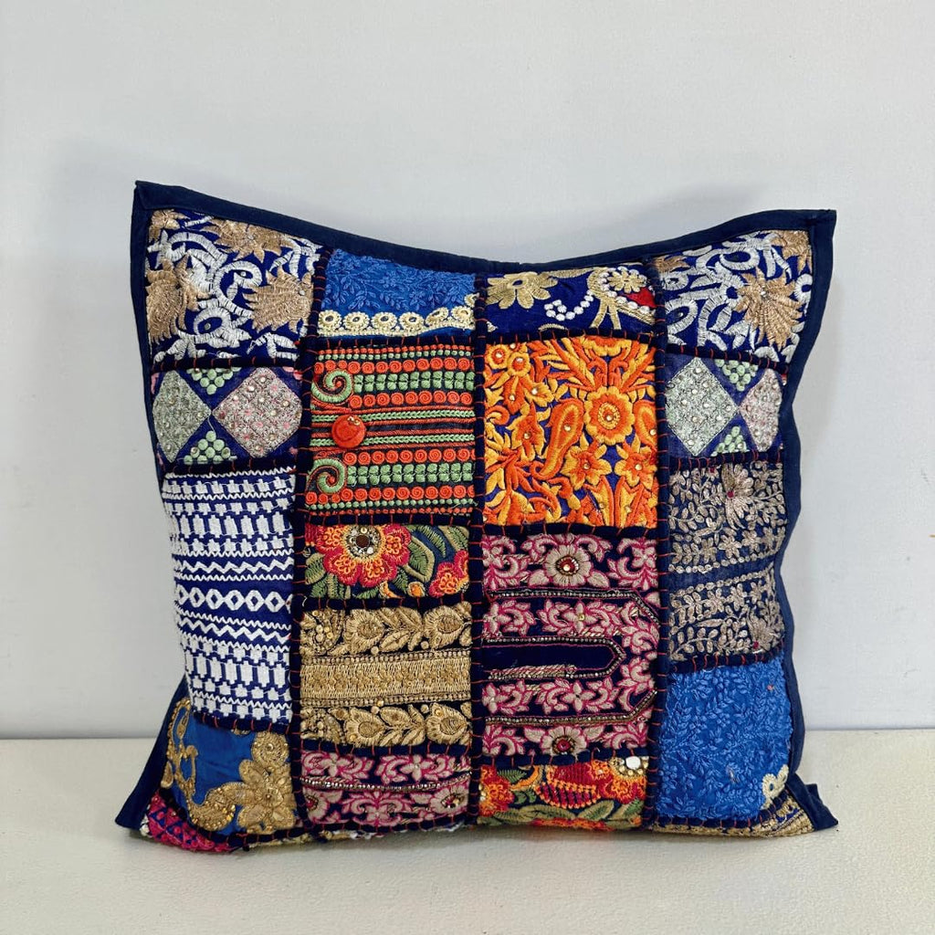 ATRANGI STUDIO Patchwork Cushion Covers - Set of 2 | Handcrafted Khambadiya Patchwork | Rajasthani Art Pillow Cover | Ethnic Cushion Covers for Sofa, Bed & Home Decor | 16x16 Inch, Blue
