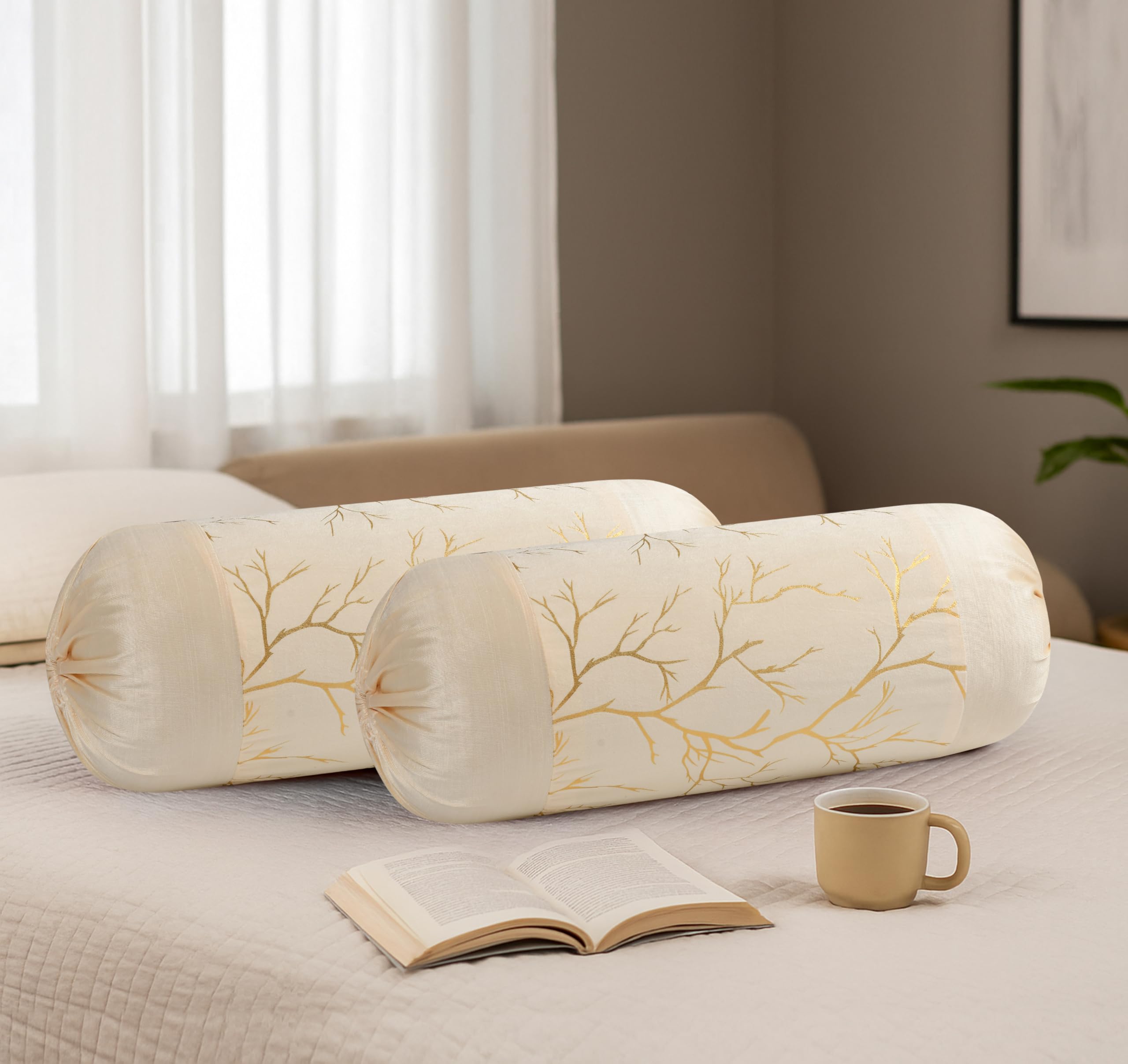 Stuffique Bolster Pillow Cover Set of 2, Round Cushion Cover - 16 x 32 inches, Cream