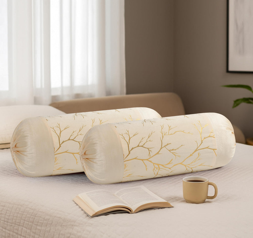 Stuffique Bolster Pillow Cover Set of 5, Round Cushion Cover - 16 x 32 inches, Cream