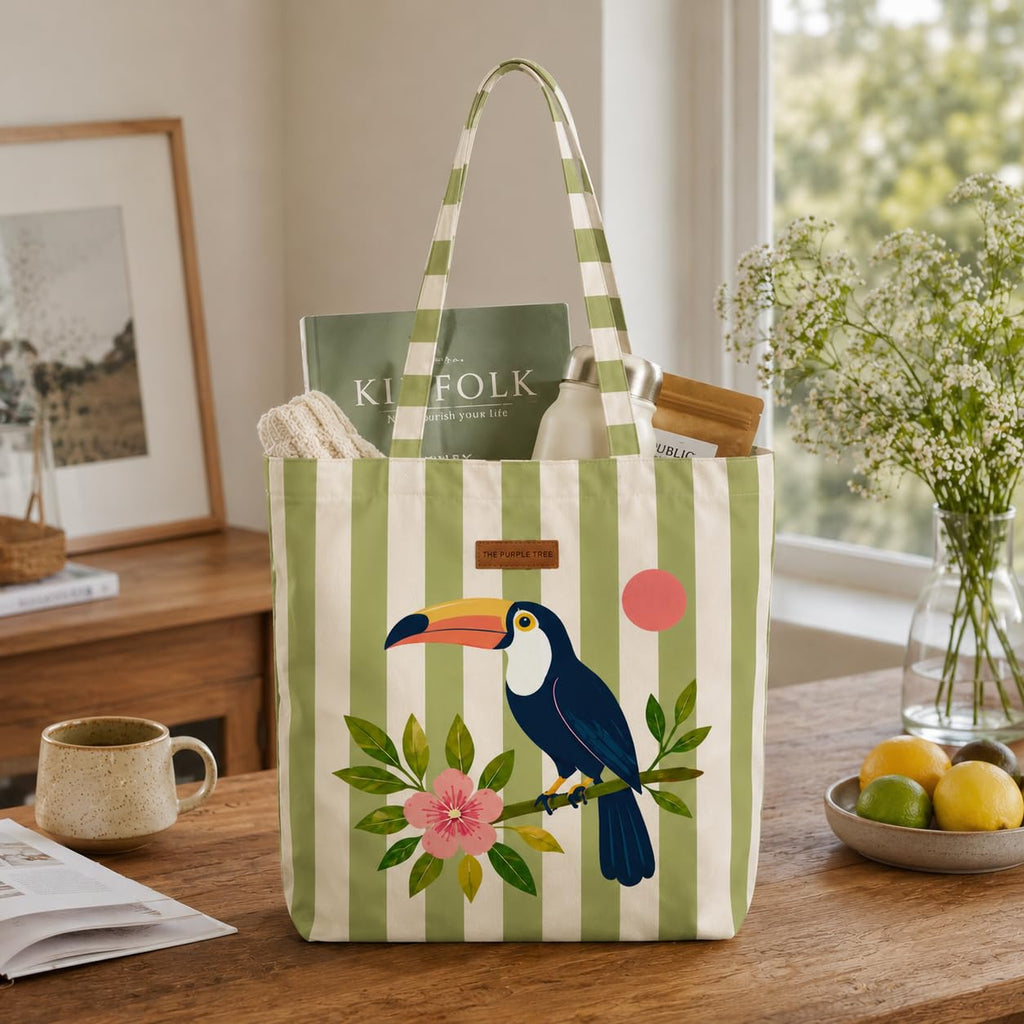 The Purple Tree Tropical Toucan Tote Bag for Women | Summer Beach Canvas Beach Tote | Travel Carryall, Shopping Bag, Vacation Tote | 40 x 43 cm