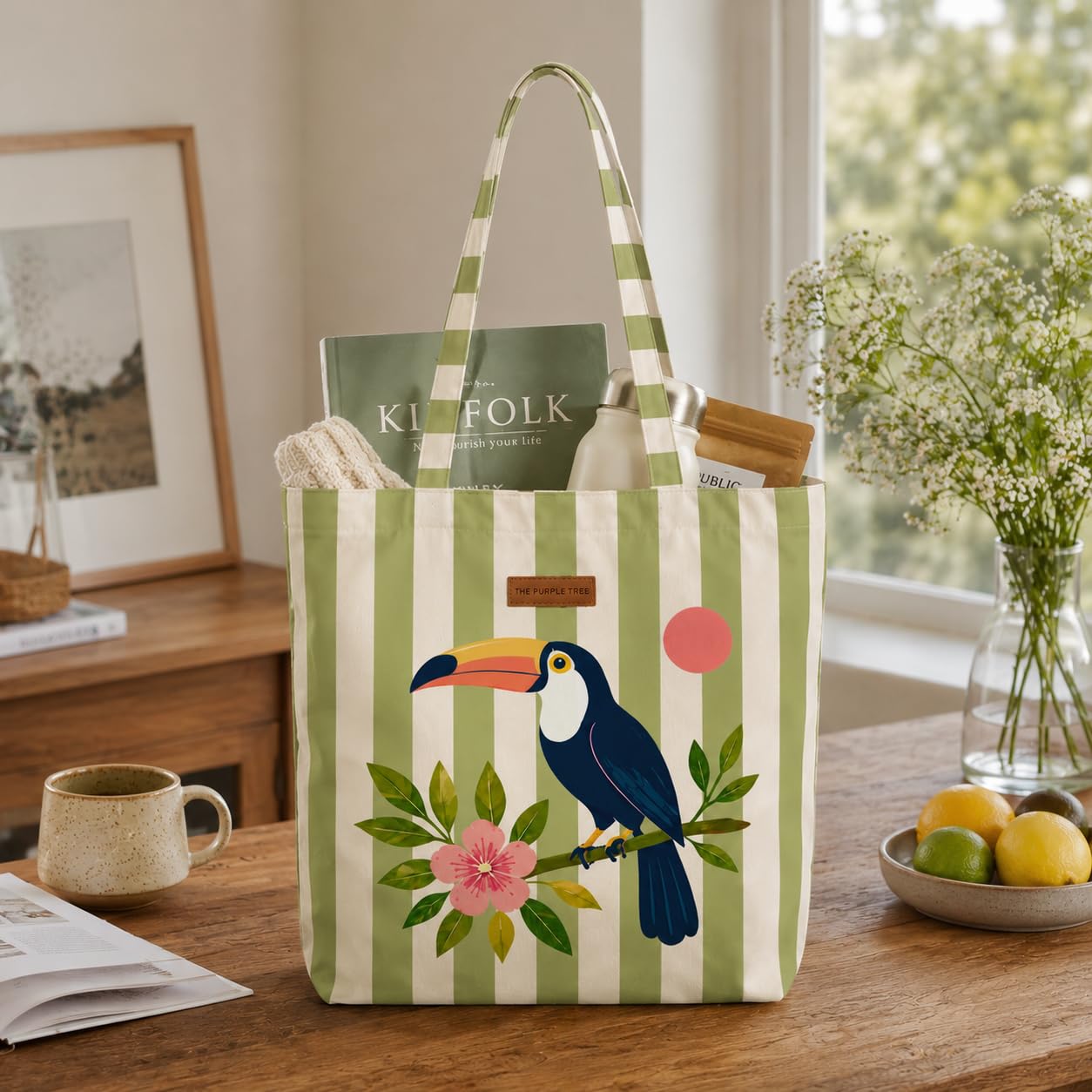 The Purple Tree Tropical Toucan Tote Bag for Women | Summer Beach Canvas Beach Tote | Travel Carryall, Shopping Bag, Vacation Tote | 40 x 43 cm