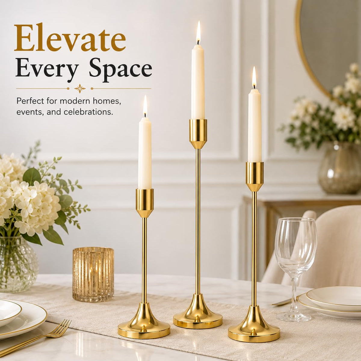 b2 3-Piece Gold Metal Candle Holder Set for Taper Candles, Modern Decorative Candlestick Holders for Dining Table, Wedding Centerpieces, Home Decor & Romantic Dinner Decoration (Gold)