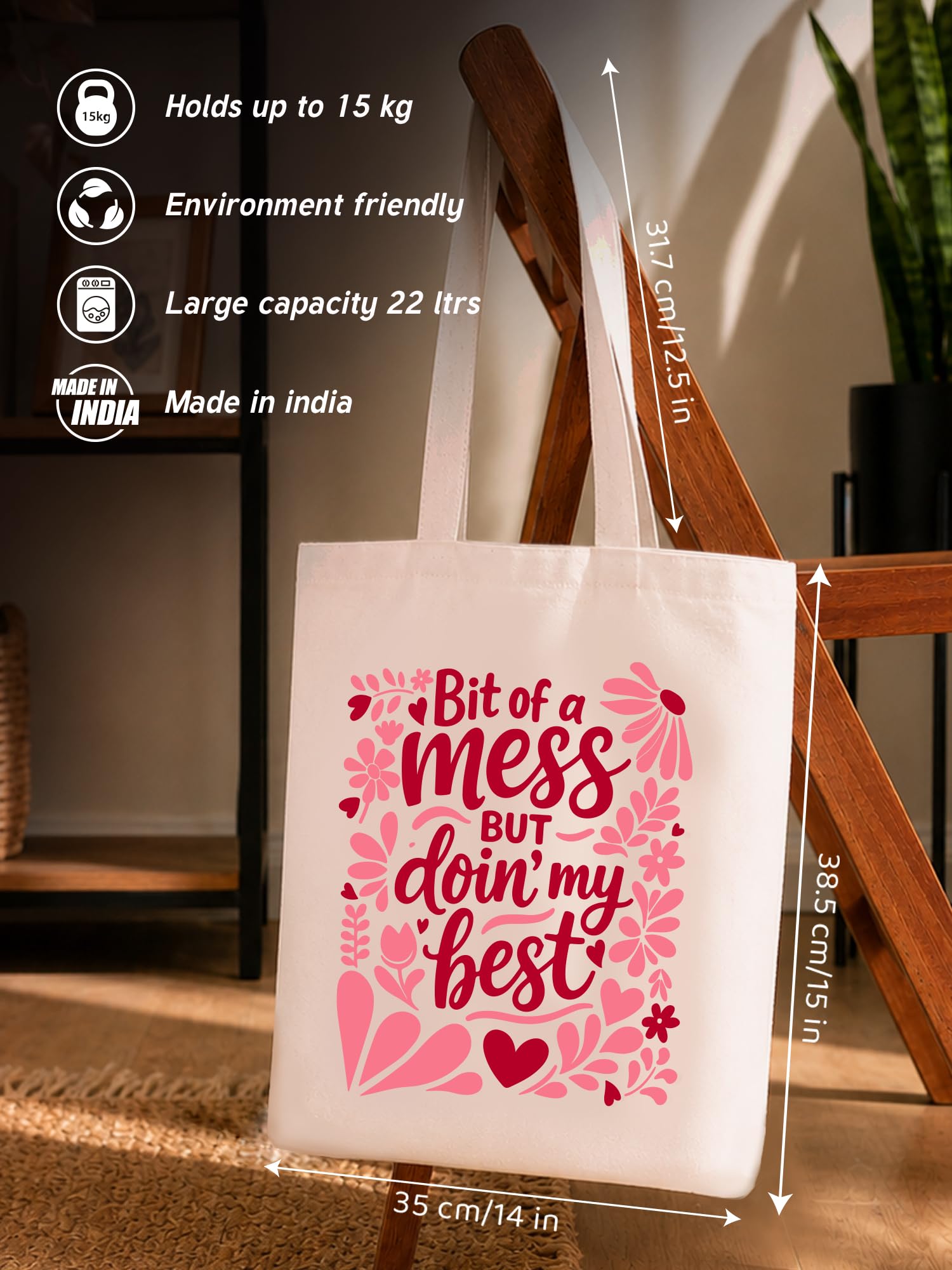DOODLE Canvas Tote Bag for Women with Zip Closure – Eco-Friendly Reusable Poly Cotton Shoulder Bag with Outer Zip & Inner Zip Pocket, Spacious Tote for Shopping, Office, College, Beach & Travel