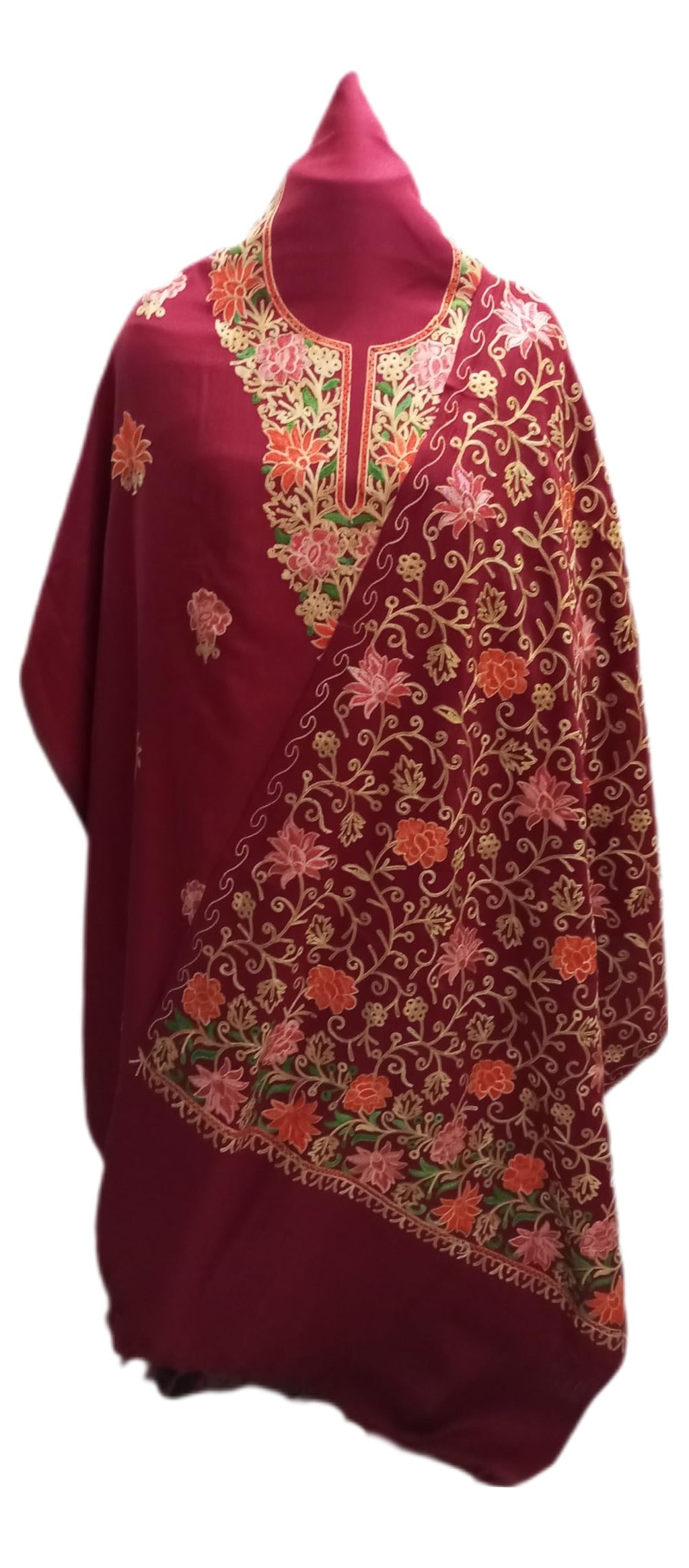 latest Womens pure woolen kashmiri embroidered salwar kameez suit with heavy embroidery on shawl,winter wear,woollen kurta pant set dress material(UNSTITCHED FABRIC) by pure Pashmina wooltex.MAROON2