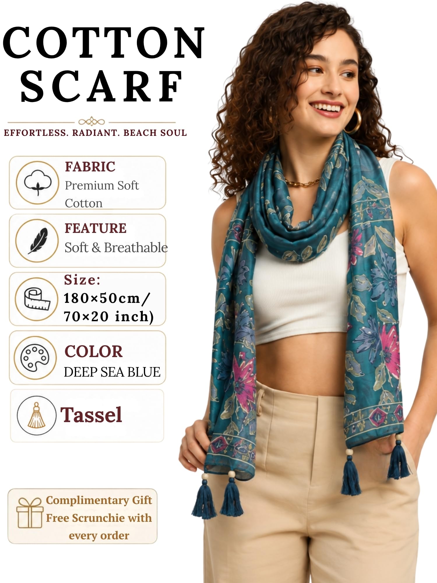 GALE GIRLS Cotton Scarf For Women Stylish|Beach Tassel Printed Scarf|Multicolor|Easily fits 180 * 50cm|70x20 Inch